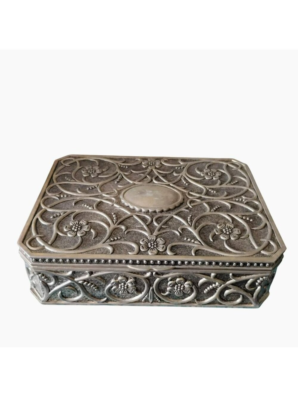 Vintage Godinger Silver Plate Jewelry Box, Floral Engraving, Red Velvet Lining